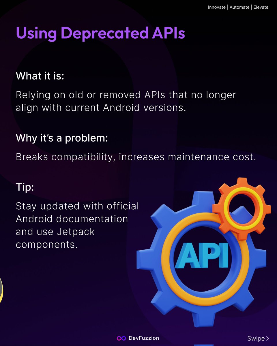 devfuzzion's tweet image. Still making these Android dev mistakes in 2025?
From lifecycle missteps to outdated APIs these issues can hurt your app's performance and stability.
Clean it up, code smarter.
#AndroidDev #CleanCode #DevTips #Kotlin #MobileDevelopment #WebDev #software #Android