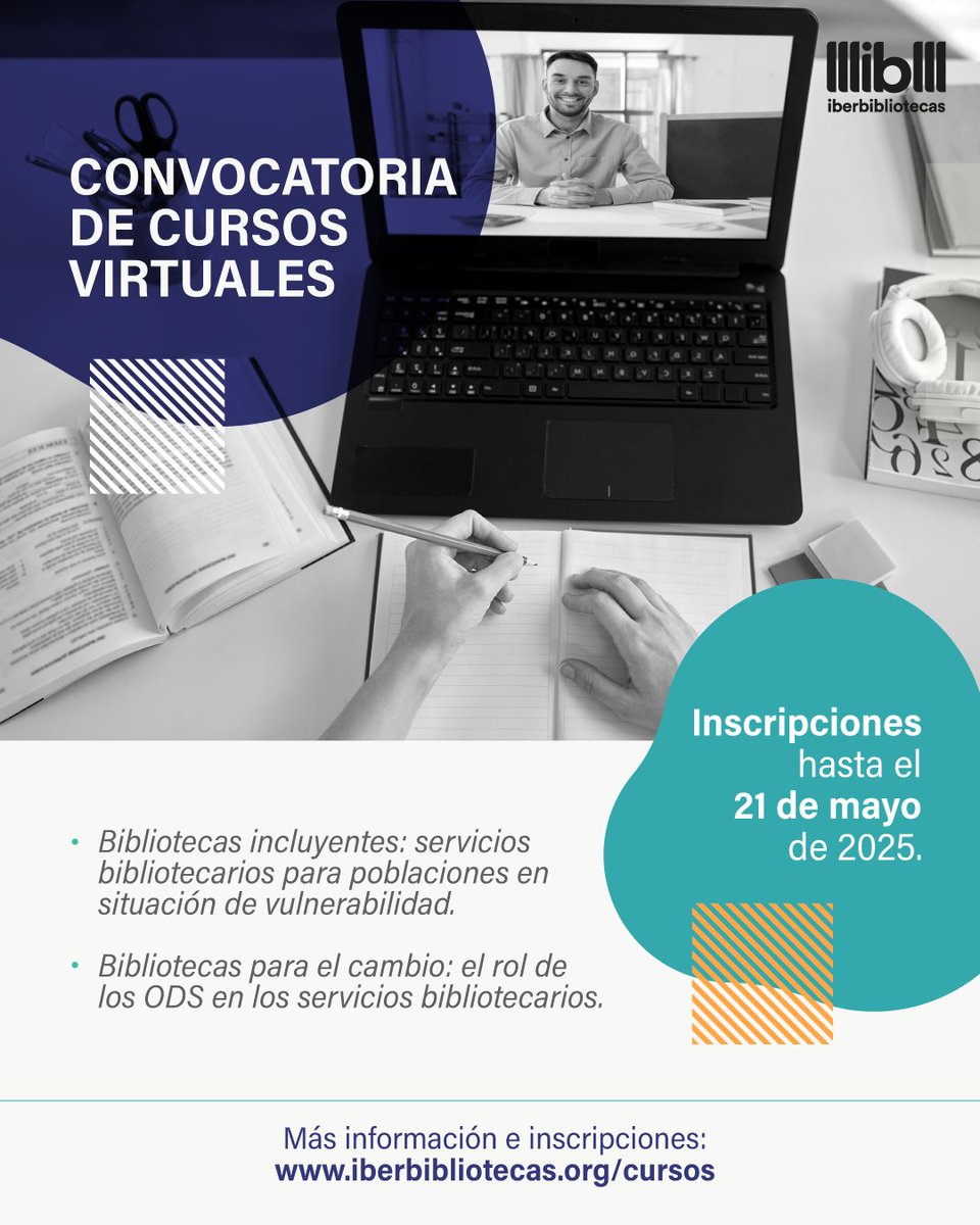 📢 #BibliotecasPúblicas
<a href="/IBERBIBLIOTECA/">IBERBIBLIOTECAS</a> ha abierto una nueva convocatoria de 𝐂𝐔𝐑𝐒𝐎𝐒 𝐯𝐢𝐫𝐭𝐮𝐚𝐥𝐞𝐬 en español y portugués:  

🤝 Bibliotecas incluyentes
🌍 Bibliotecas para el cambio

📝Inscripciones hasta el 21 de mayo.  

Infórmate en👇
iberbibliotecas.org/cursos/