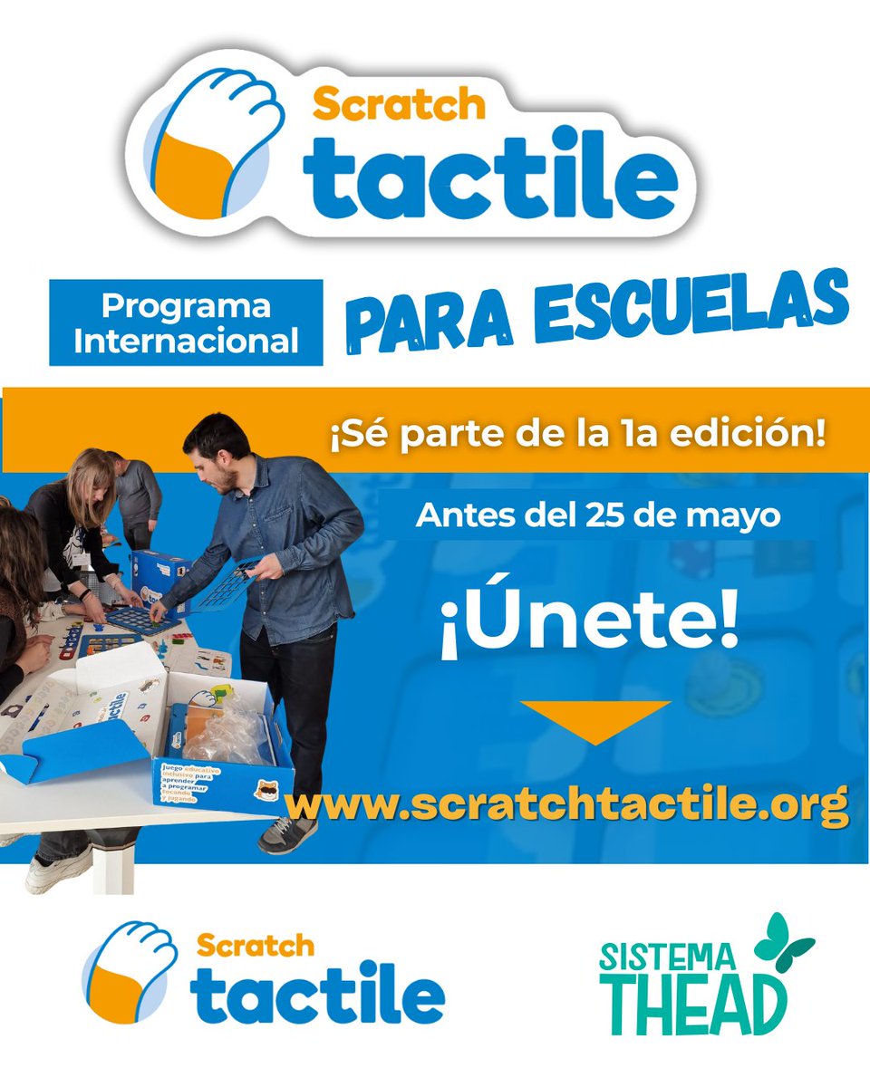 SistemaTHEAD's tweet image. 🚨 ¡Abrimos grupo en español!
Ya puedes solicitar plaza en el 1r Programa oficial para escuelas de Scratch Tactile.

📅 Solicítalo antes del 25 de mayo
💬 Más info en scratchtactile.org/post/solicita-…

#ScratchTactile #EducaciónInclusiva #ProgramaciónParaTodos @ScratchTactile