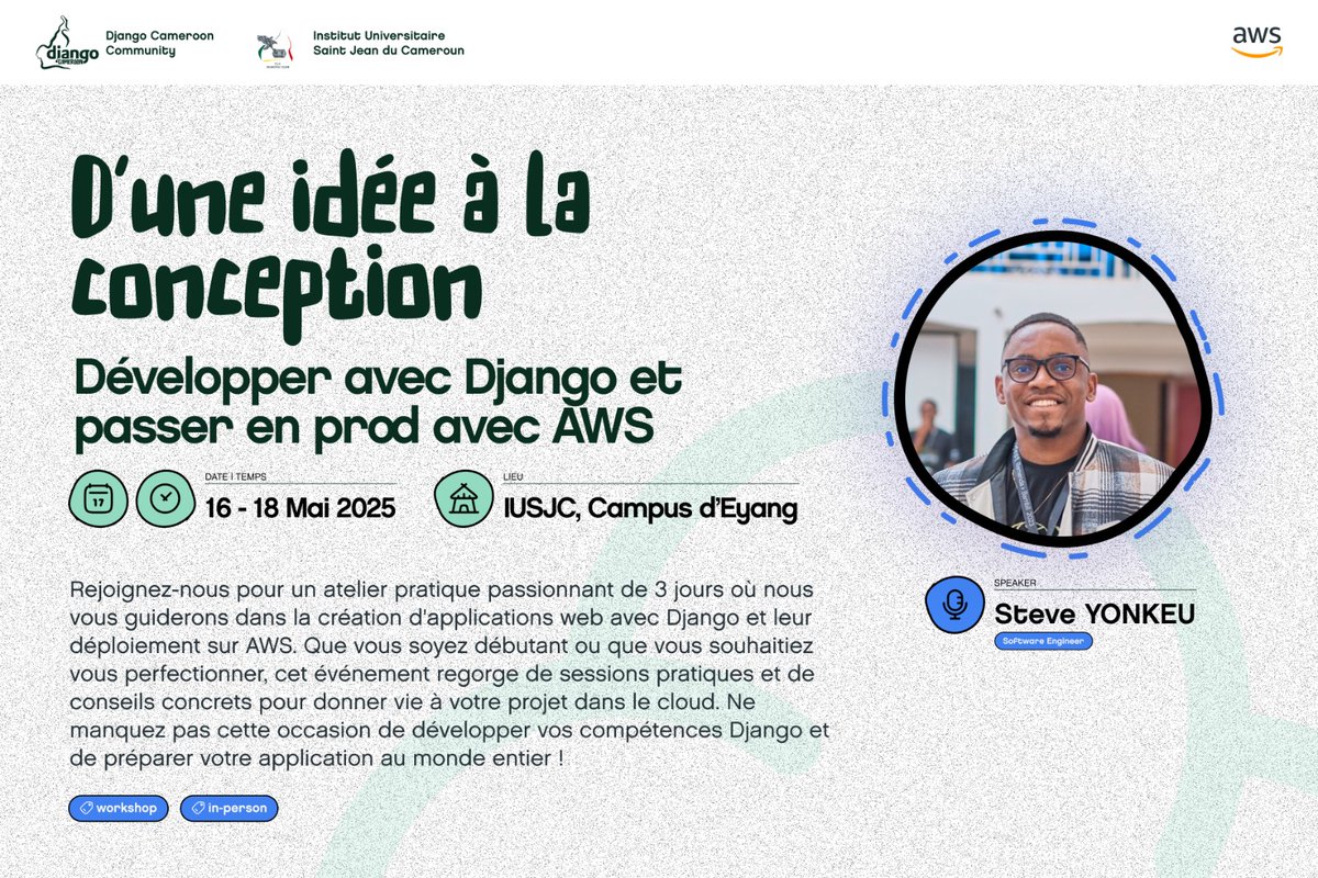 Et si on parlait Django ?   

Django Cameroon et le Club Robotique de l'IUSJC s'associent pour vous offrir une masterclass exclusive de 3 jours ! 

 Du 16 au 18 mai au campus d'eyang de l'IUSJC

Lien d'enregistrement : forms.gle/KuatUheACfPZUm…
#Django #Robotique #Tech