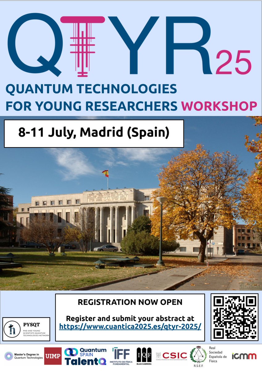 icmm_csic's tweet photo. π Are you a Master's student, PhD candidate, or postdoc IN Quantum Technologies? Donβt miss #QTYR25 β Quantum Technologies for Young Researchers!
π Madrid, Spain π
July 8β11, 2025
REGISTRATION OPEN: https://t.co/5cQmQ57Ayg https://t.co/Jytgq8Yvk8