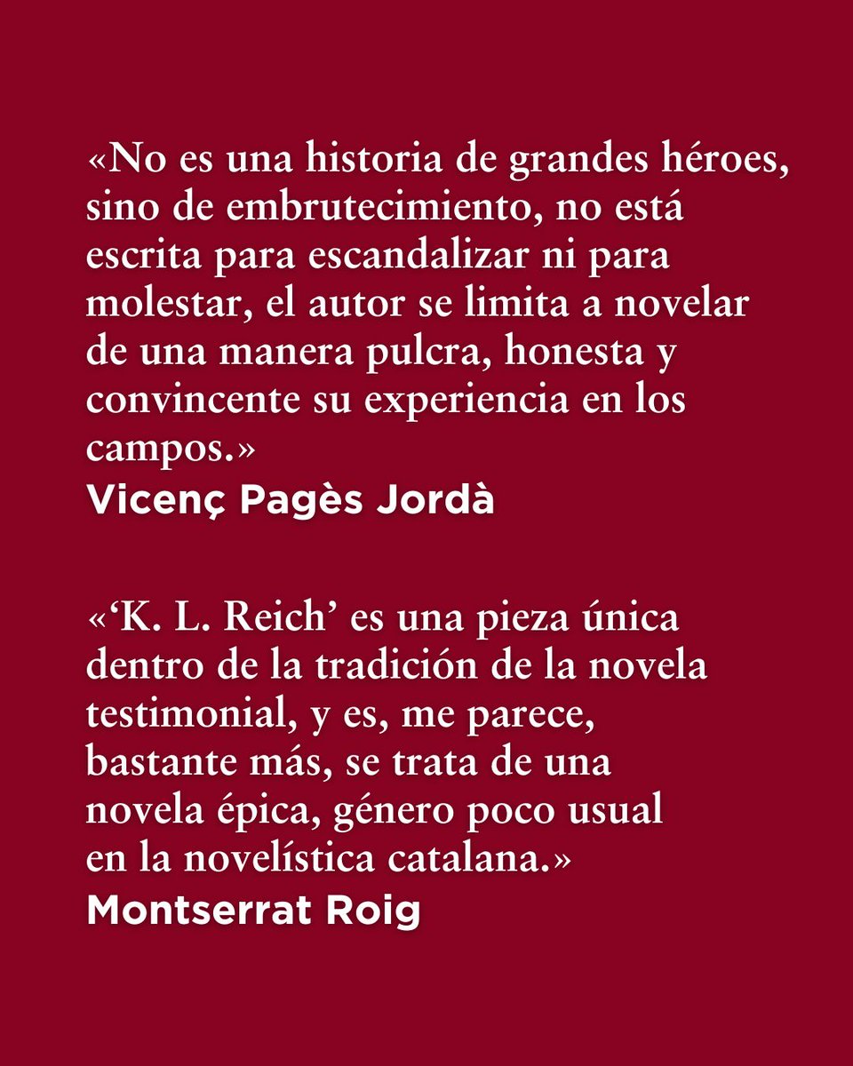 Esta primavera se cumplen 80 años de la liberación del campo de concentración y exterminio de Mauthausen, y queremos rescatar K. L. REICH, novela que Amat-Piniella escribió basándose en su experiencia como prisionero durante casi cinco años.

#empiezaaleer bit.ly/3EY7gdc