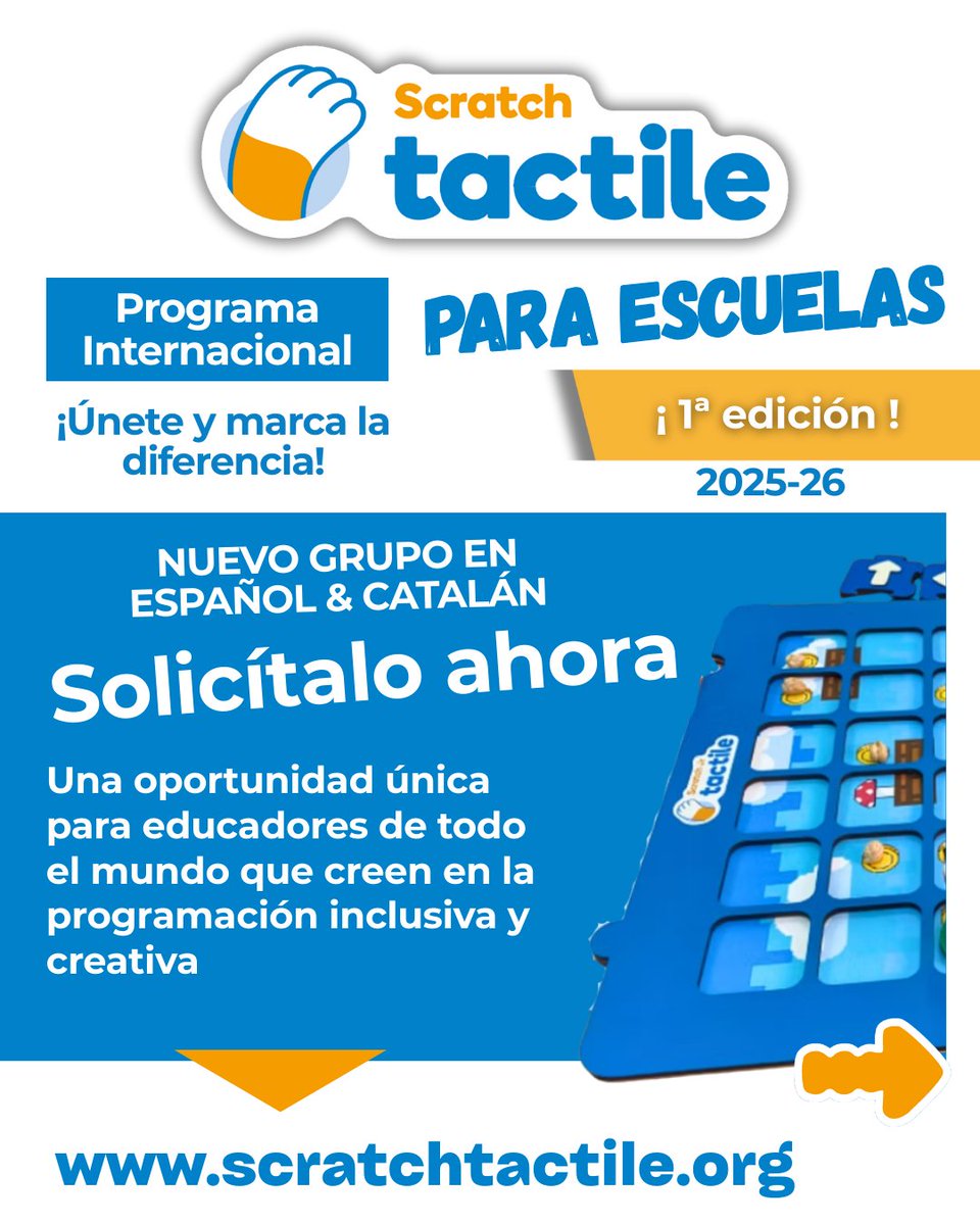 ScratchTactile's tweet image. 🚨 ¡Abrimos grupo en español!
Ya puedes solicitar plaza en el 1r Programa Internacional para escuelas de Scratch Tactile 

📅 Solicítalo antes del 25 de mayo
💬 Más info scratchtactile.org/post/solicita-…

#ScratchTactile #EducaciónInclusiva #ProgramaciónParaTodos
