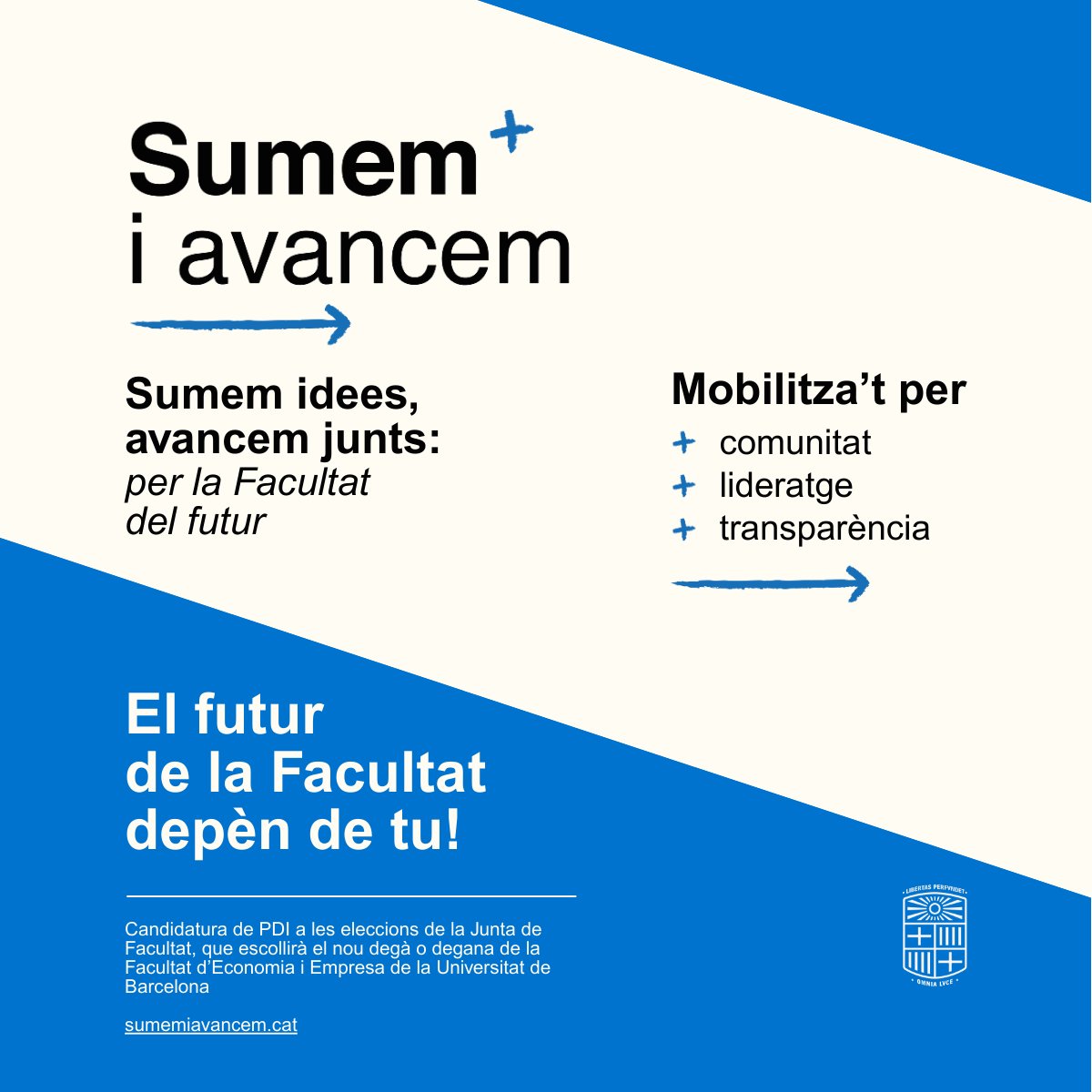 Volem impulsar un projecte per a la nostra Facultat amb visió de futur i amb energia renovada.
Acte de presentació: dimarts 13 de maig, 11.30 h, Sala de Graus de la Facultat. Es pot seguir en línia.
Més informació al nostre web! ➡sumemiavancem.cat  
#SUMEMiAVANCEM #FEE #UB