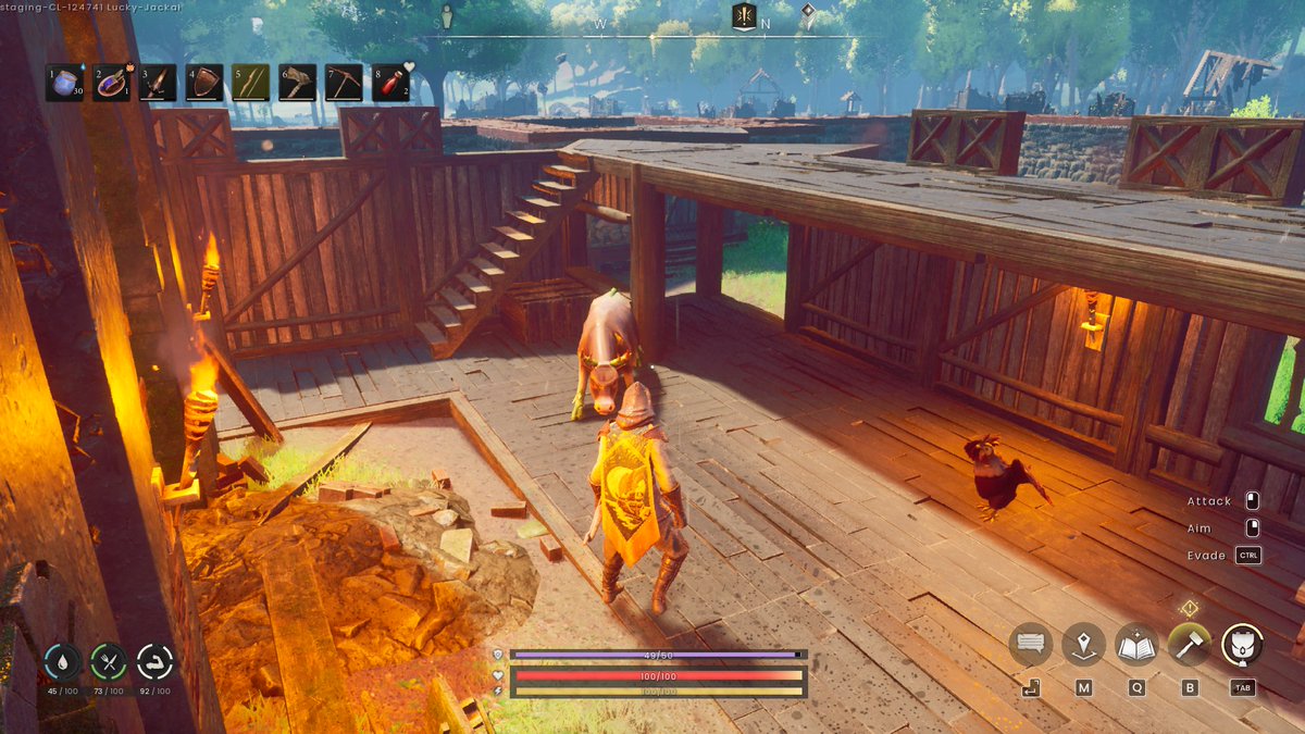 Huntaway_x's tweet photo. More fortified base which seem to keep raids at bay. Plus a pet cow and chicken. 😁 #RSDragonwilds https://t.co/YWwK3frKEg