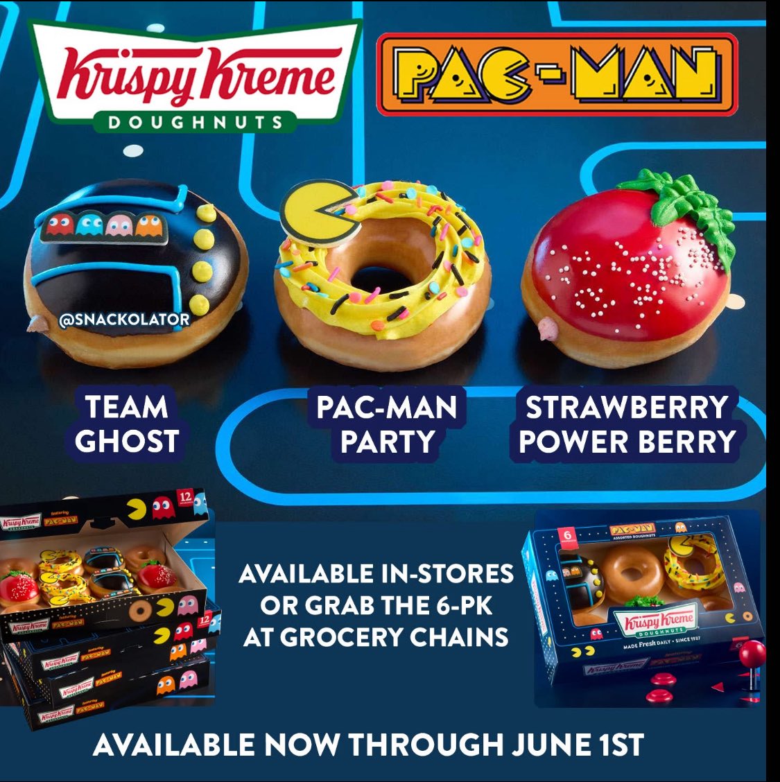 Krispy Kreme and PAC-MAN doughnuts coming this June to be sold in stores or at grocery stores in a 6-pack that will include all 3 doughnuts #pacman #krispykreme #doughnuts #fastfood #junkfood