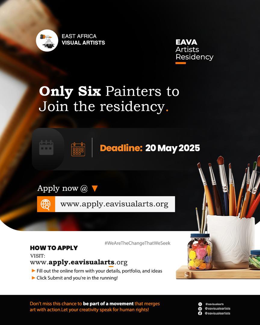 Hellos painters, wanna join the <a href="/eavisualarts/">East Africa Visual Artists-EAVA Artists</a> residency? Well, all you have to do is fill the form that’s on apply.eavisualarts.org with your details and submit it before 20th May 2025 

#EAVAResidency