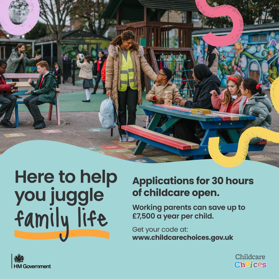 Working parents can now apply for 30 hours of government-funded childcare.

It’ll save parents up to £7,500 and help us get a record share of children school-ready, hitting key developmental targets.

That’s our Plan for Change in action.

Apply below 👇 
childcarechoices.gov.uk