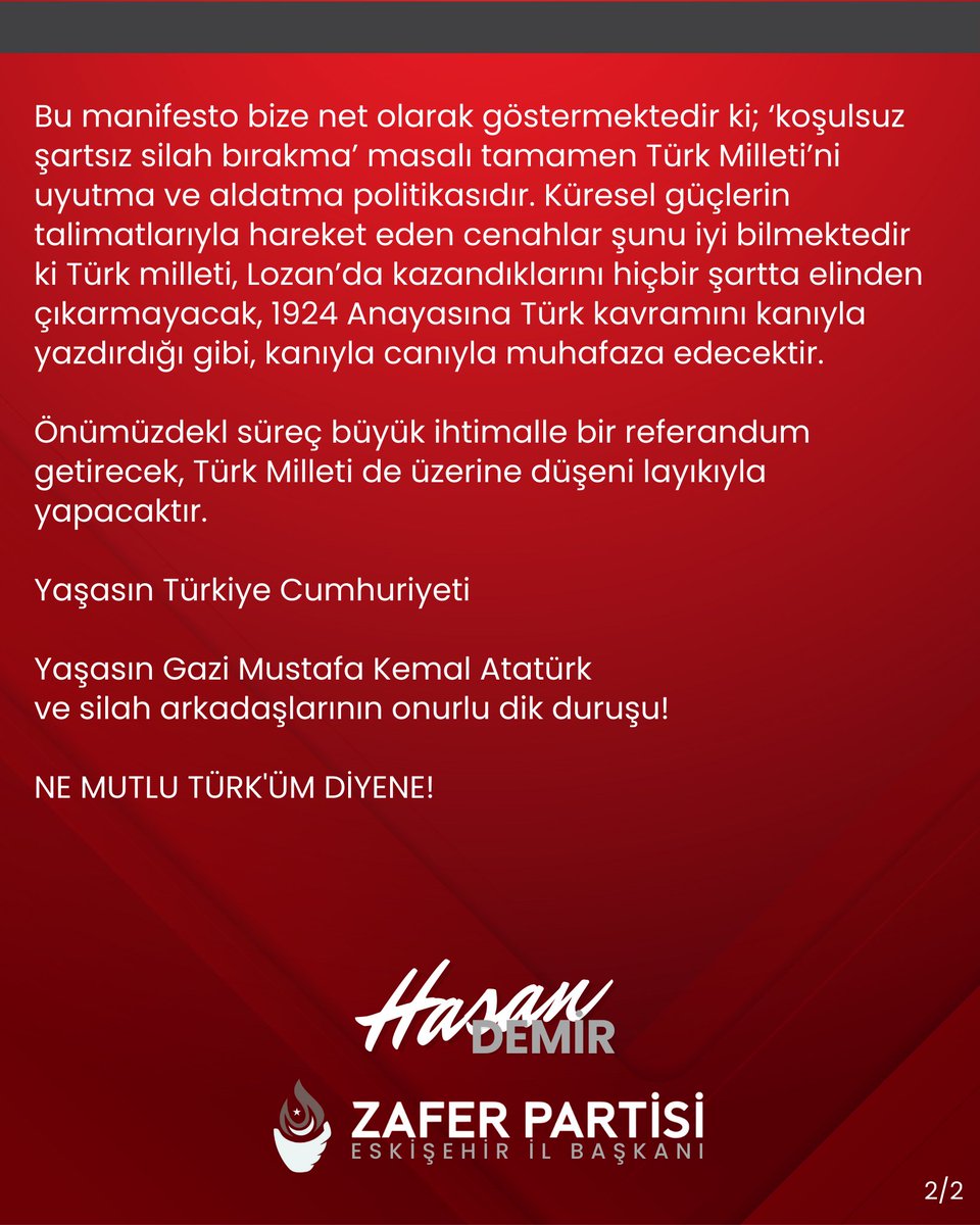 🔴 İl Başkanımız Hasan Demir'in
Terör Örgütü PKK Kendini Feshetti
Haberleri Üzerine Yayınladığı Mesajıdır