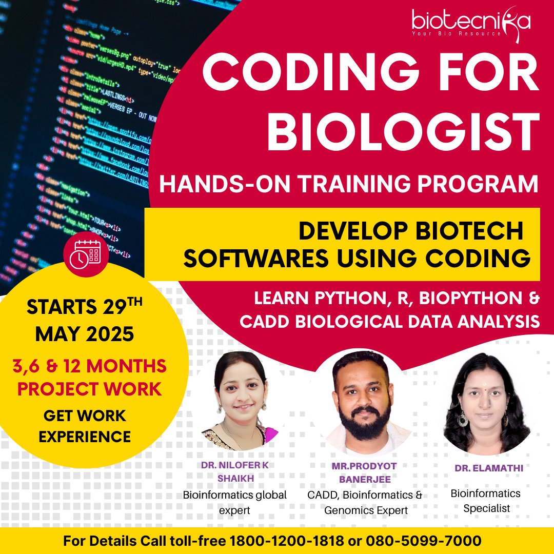 biotecnika's tweet image. 🎓 Got a Biotech Degree? That’s step one.
👩💻 Want to stand out? Learn Bio-Coding — where biology meets code.
💬 Chat with a Bio-Coder: btnk.org/whatsapp-coding
🔍 Learn More: btnk.org/coding-for-bio…
📅 Starts May 29, 2025
💡 No coding experience? No problem.
#BioCoding