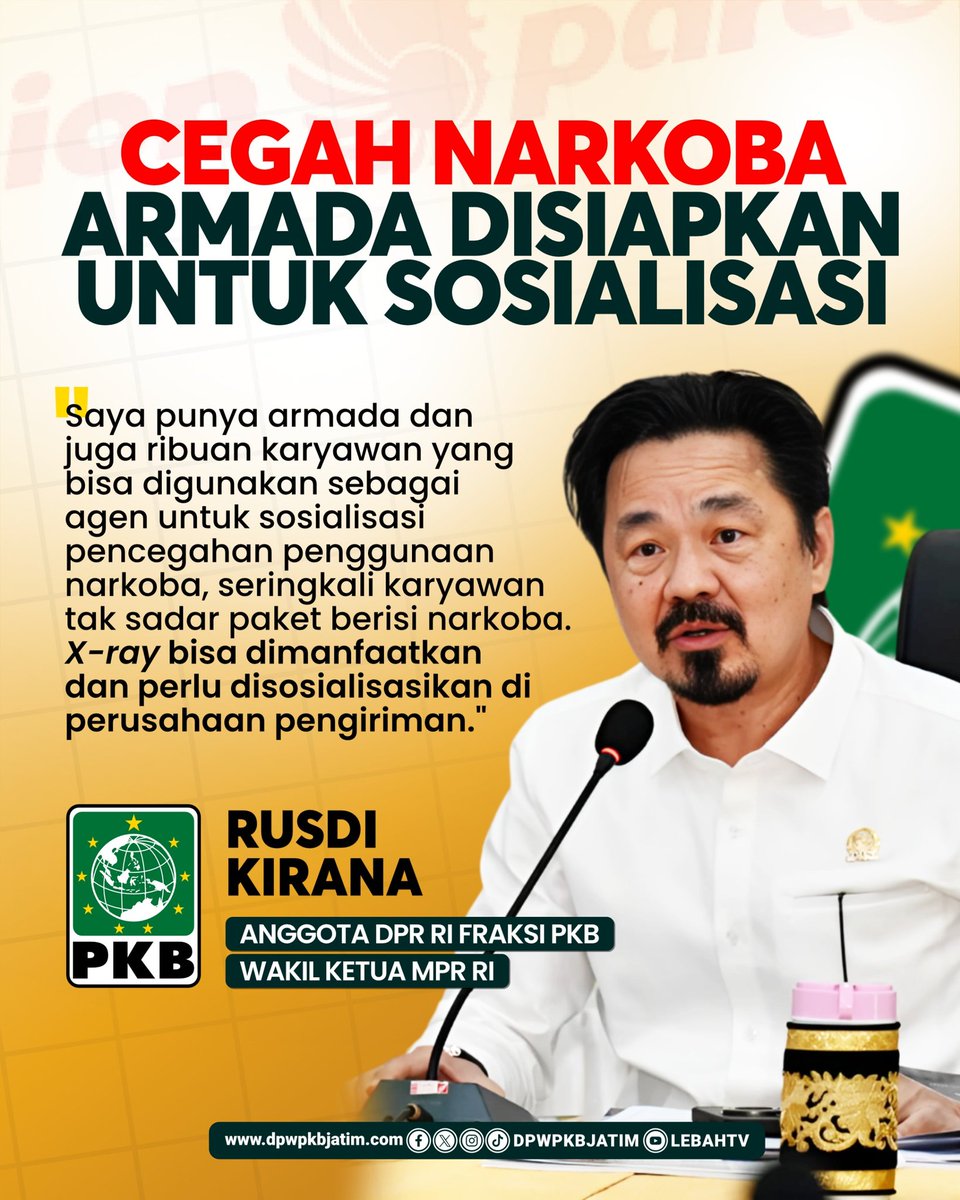 🚫 CEGAH NARKOBA, DIMULAI DARI KITA! 🚫
Armada dan ribuan karyawan bisa jadi agen perubahan!
Rusdi Kirana, Wakil Ketua MPR RI sekaligus Anggota DPR RI Fraksi PKB, siap menggerakkan armada pengiriman untuk sosialisasi pencegahan narkoba.