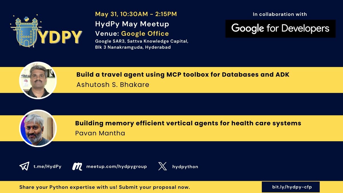 hydPython's tweet image. Mark your calendars for May 31! #HydPy is collaborating with Google Developers Group for an exciting meetup featuring talks on: Building a travel agent using MCP by Ashutosh & Building Memory Efficient vertical agents by Pavan Mantha
Don't miss, RSVP now: meetup.com/hydpygroup/eve…