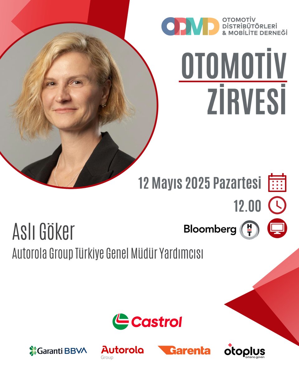 Otomotiv Distribütörleri ve Mobilite Derneği (ODMD) ile Bloomberg HT işbirliğinde 5.'sini gerçekleştirdiğimiz Otomotiv Zirvesi’nin bugünkü programına Autorola Group Türkiye Genel Müdür Yardımcısı Aslı Göker konuk oluyor. Yayını 12. 00’de Bloomberg Ht TV’de izleyebilirsiniz.