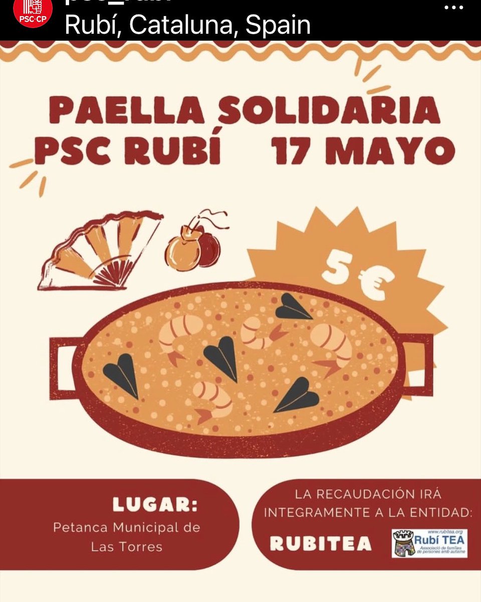 Los tiquets para la paella solidaria se pueden adquirir en la sede del Psc de Rubí, en cal Princep 27-29. 
Os esperamos! 💙🙏💙🙏