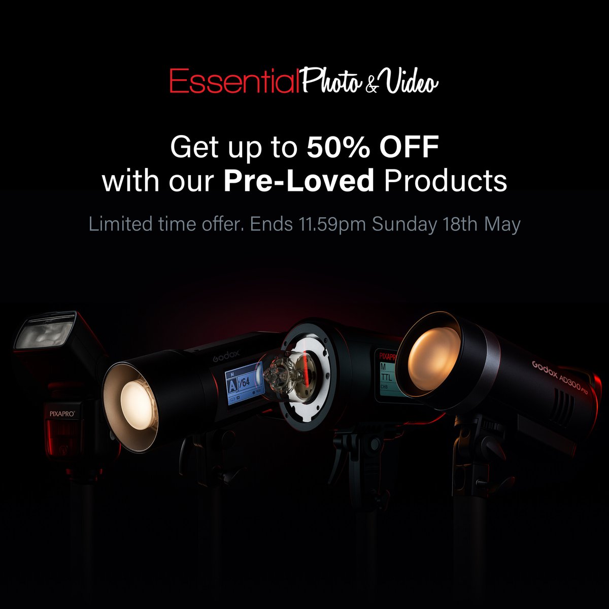 Shop up to 50% off our Pre-Loved section this week at EssentialPhoto &amp; Video! 
Save on everything from modifiers, to flashes, to LEDs at a fraction of the price of the RRP only until Sunday 🤑 
Shop now at essentialphoto.co.uk/collections/pr…
Ends 11:59pm, 18.05.25. T&amp;Cs apply.