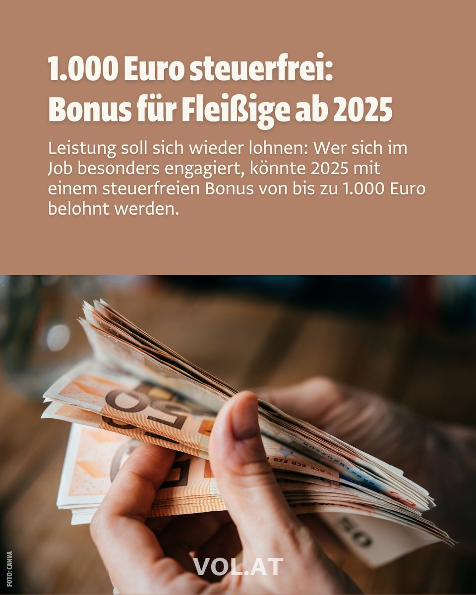 Ab 2025 dürfen Arbeitgeber in Österreich eine freiwillige Prämie von bis zu 1.000 Euro steuerfrei auszahlen – unabhängig von Kollektivverträgen. Ziel ist es, besondere Leistungen im Job zu belohnen und Anreize für Motivation zu setzen. Mehr dazu: bit.ly/3YEZhIM