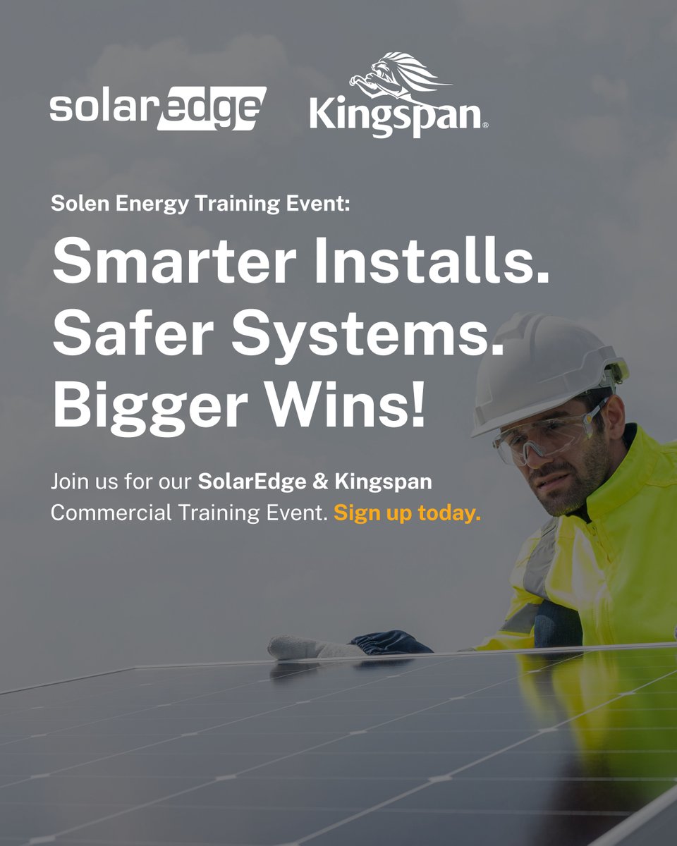 Join us for SolarEdge commercial training
✔️ SE100K &amp; S1000 Optimisers
✔️ Smart safety, system compatibility
✔️ Kingspan FM-approved mounting
📍 Kingspan HQ | 9:30–1:00 | Tues 20 May
🔗 Book now: go.solenenergy.com/2w2cv1
#SolarEdge #Kingspan #SolenEnergy #InstallerEvent