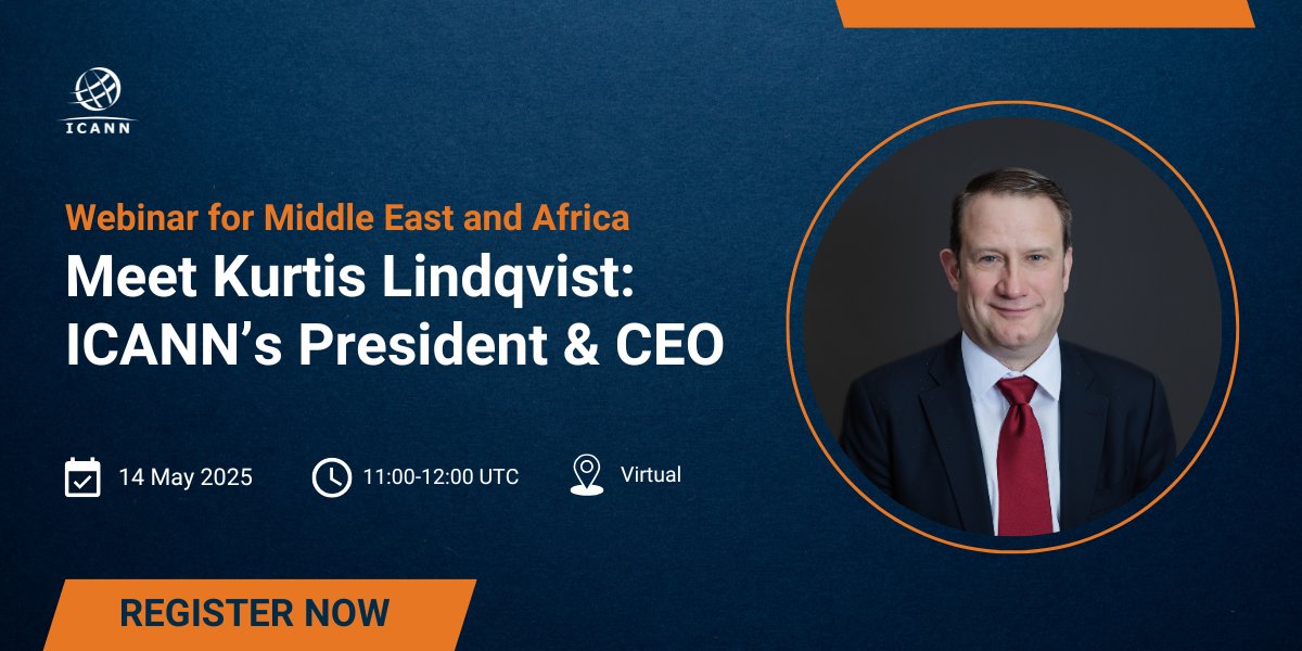Join our webinar with the ICANN President and CEO, Kurtis Lindqvist, on 14 May!🌍
💬Language interpretation in English, Arabic, French, and Portuguese is available.
This is your chance to engage, ask questions, and gain insights into the future of #ICANN!
 go.icann.org/4iKyphP