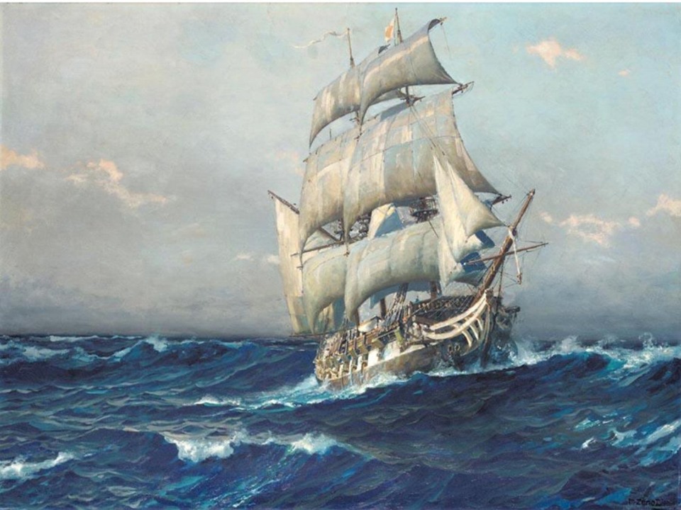 PhilipKAllan's tweet image. Frigate at sea by German artist Michael Zeno Diemer
#Ageofsail #Tallships #RoyalNavy