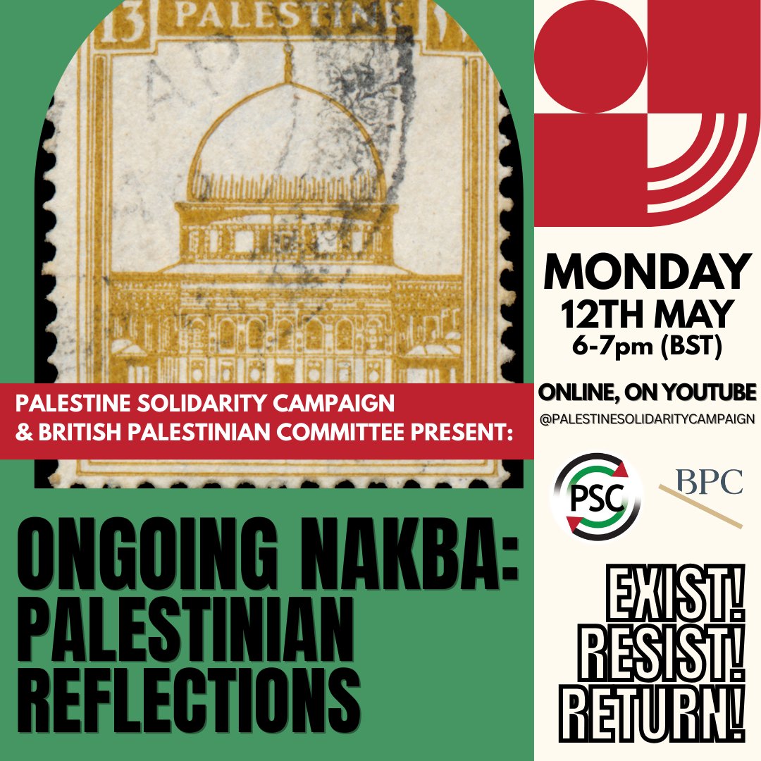 🚨 Webinar - Ongoing Nakba: Palestinian Reflections 
⏰ Monday 12 May, 6PM
📍 PSC YouTube

Join us to hear Palestinian activists, scholars and artists including <a href="/DanaDpoetry/">Dana Dajani - Writer . Performer</a> and <a href="/AlnaouqA/">Ahmed Alnaouq</a>  share their testimonies and responses to the Nakba of 1948.

Watch: youtube.com/watch?v=xA7Oi4…