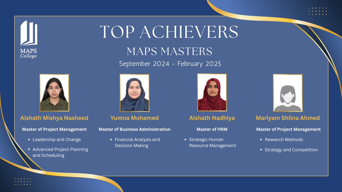 Congratulations to the Top Achievers of MAPS Master’s Degree Programmes (Sept 2024 – Feb 2025)!

Your dedication and hard work truly shine!

🏅 Aishath Mishya Nasheed 
🏅 Mariyam Shilna Ahmed 
🏅 Yumna Mohamed
🏅 Aishath Nadhiya 

Keep aiming higher! 

#TopAchievers #MAPSMasters