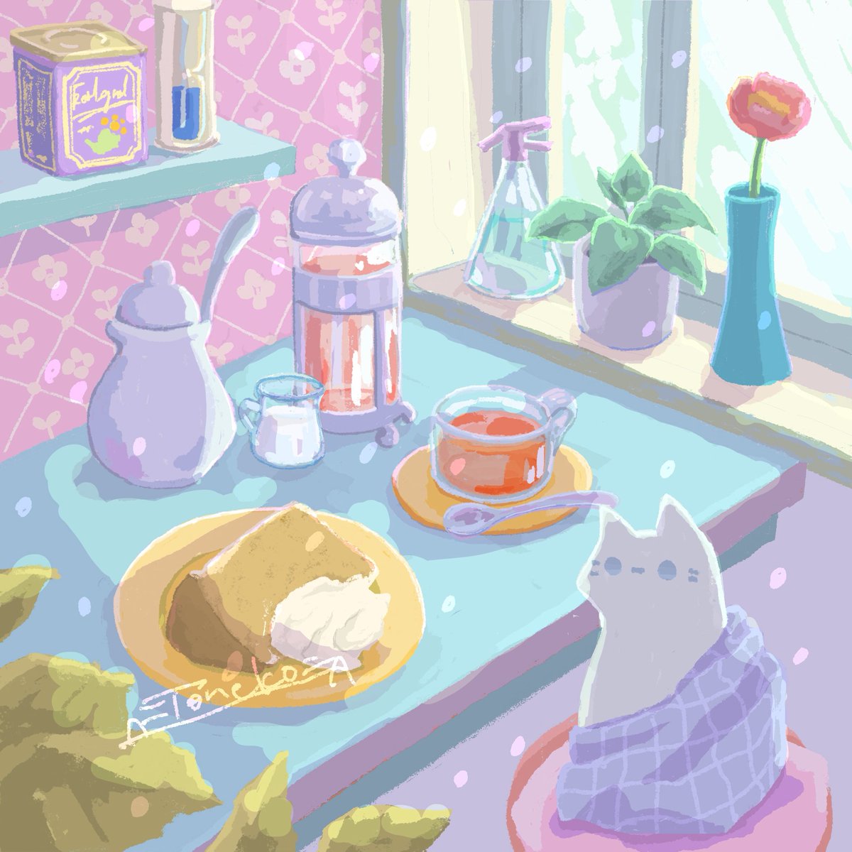 窓辺のティータイム。

#イラスト #illustration #adobeFresco #食べ物イラスト