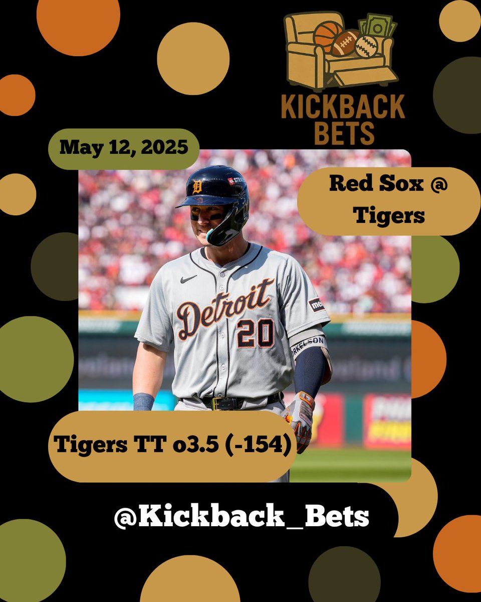 Kickback_Bets's tweet photo. Our first #MLB play out of 5 scheduled for today comes in Detroit

Our model is backing Detroit to go over its team total of 3.5 with its projection of 5.05 for the Tigers tonight.
Boston starter Tanner Houck is 0-2 on the road this season with a road ERA over 8🤢

The data confidently backs a Tigers bounce back offensive day against the struggling Boston starter! Lets ride Tigers TT o3.5🔥

#Kickbackbets #ModelDriven #DataDriven #Tigers #RedSox #Over #SportsBettingX