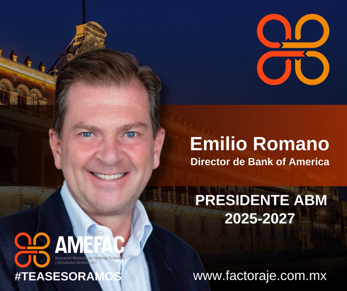 La AMEFAC felicita cordialmente a Emilio Romano Mussali por su nombramiento como presidente de la Asociación de Bancos de México (ABM) para el periodo 2025-2027.

Le deseamos el mayor de los éxitos en esta nueva etapa.
#EmilioRomano #ABM #SectorFinanciero #Liderazgo <a href="/AsocBancosMx/">Asociación de Bancos de México</a>