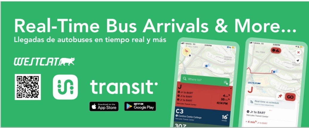 WestCAT Real Time Info is available on Transit APP and Google.  We are working to remind riders we continue to provide access to vital information needed to make your transit trip as convenient as possible