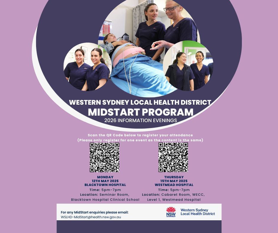 Begin your Midwifery career with WSLHD. Discover everything you need to know about our 2026 MidStart Program at our exciting events at Blacktown Hospital TONIGHT and Westmead Hospital this THURSDAY evening .

Register here:
eventbrite.com.au/e/wslhd-2026-m…

eventbrite.com.au/e/wslhd-2026-m…