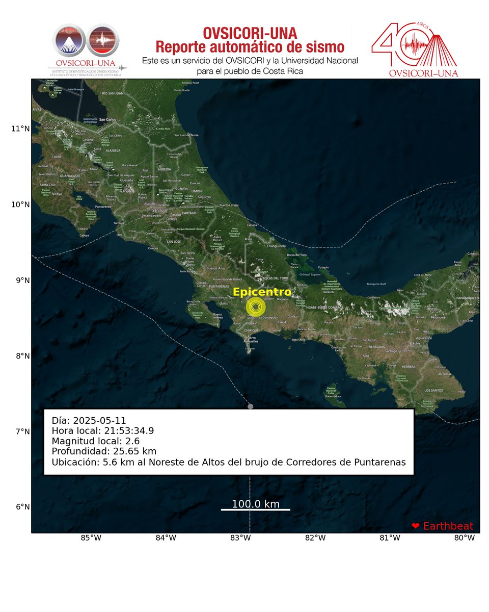 2025-05-11 21:53:34.9, Mag:2.6, Prof: 25.65, Epicentro: 5.6 km al Noreste de Altos del brujo de Corredores de Puntarenas. #ovsicori #SomosUNA #SismoCR #Temblor #TemblorCR #Terremoto