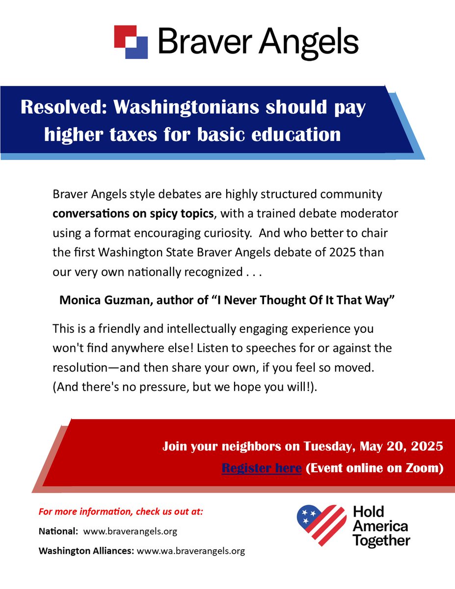 Sue Lani Madsen (@suelanimadsen) on Twitter photo Resolved: Washingtonians should pay higher taxes for basic education.
Whether your immediate reaction is "we need to pay whatever it takes" or "hell no," join Washington <a href="/braverangels/">Braver Angels</a> parliamentary style debate coming up May 20. Link to register:
eventbrite.com/e/local-commun� Resolved: Washingtonians should pay higher taxes for basic education.
Whether your immediate reaction is "we need to pay whatever it takes" or "hell no," join Washington <a href="/braverangels/">Braver Angels</a> parliamentary style debate coming up May 20. Link to register:
eventbrite.com/e/local-commun�