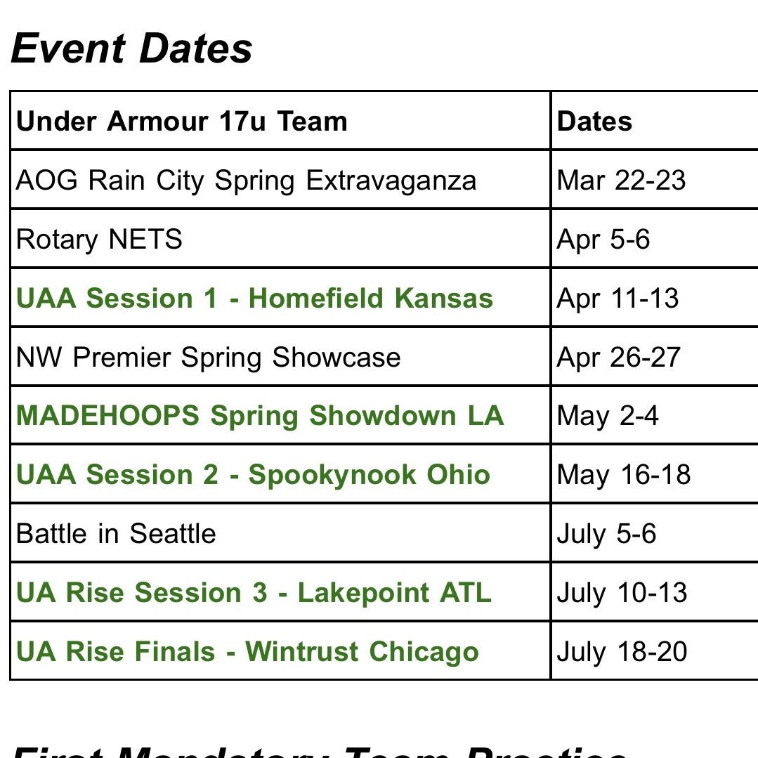 AAU schedule and dates that I will be attending.