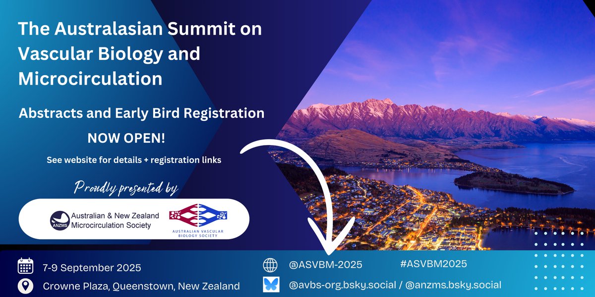 Vicki Hinkley (@vicki_hinkley) on Twitter photo 🚨 Abstracts + early bird registration NOW OPEN!
Join us in Queenstown for #ASVBM2025 – a premier summit on vascular biology + microcirculation, 7–9 Sept 2025 🌄
📝Submit + register here: asvbm-2025.my.canva.site/asvbm-home
📢Proudly presented by <a href="/ANZMS2/">@ANZMS</a> + <a href="/AVBS_org/">Australian Vascular Biology Society</a>
📍Crowne Plaza, NZ 🚨 Abstracts + early bird registration NOW OPEN!
Join us in Queenstown for #ASVBM2025 – a premier summit on vascular biology + microcirculation, 7–9 Sept 2025 🌄
📝Submit + register here: asvbm-2025.my.canva.site/asvbm-home
📢Proudly presented by <a href="/ANZMS2/">@ANZMS</a> + <a href="/AVBS_org/">Australian Vascular Biology Society</a>
📍Crowne Plaza, NZ
