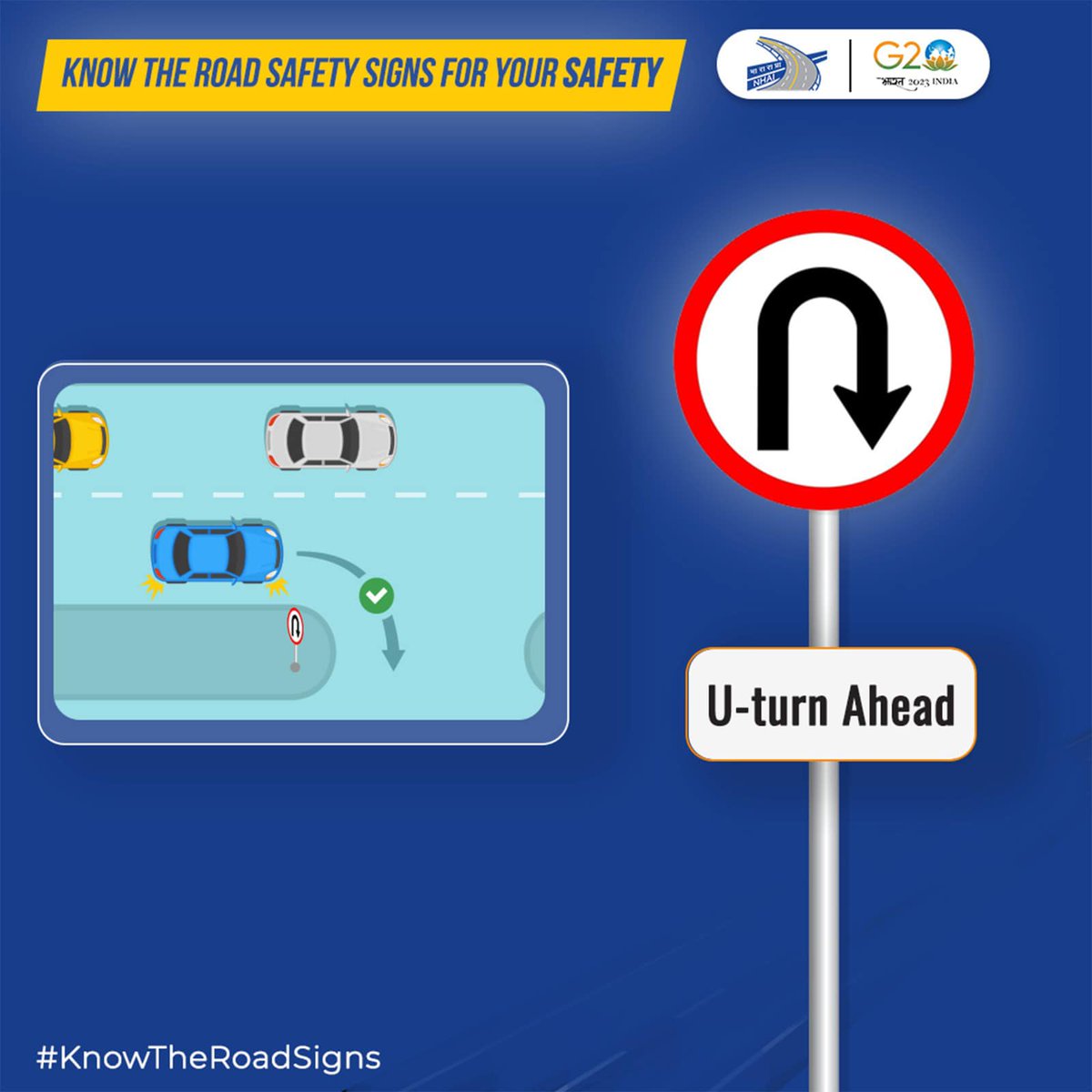 trafficchd's tweet photo. This informatory road sign informs a driver about a U-turn available ahead on the road.The driver should reduce the speed & move to the right-most lane to take the turn.
#NHAI #KnowTheRoadSign #SadakSurakshaJeevanRaksha #DriveSafeBeSafe National Highways Authority of India- NHAI https://t.co/eTRxY7TW8E