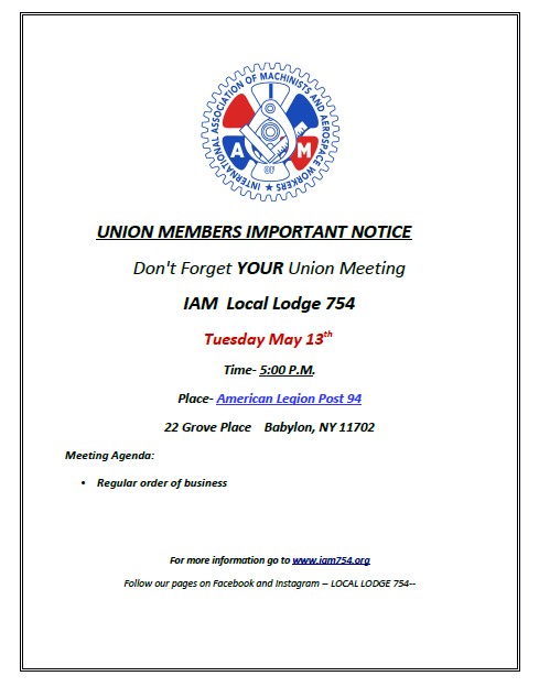 The May monthly meeting on LL754 will be this Tuesday, May 13th at 5pm.