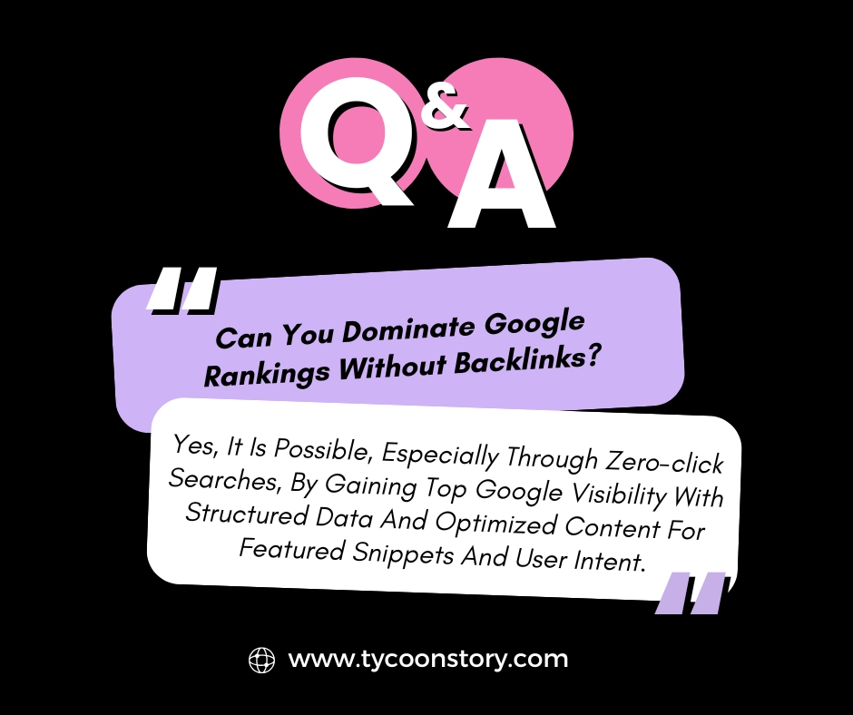 TycoonStoryCo's tweet image. Q: Can you dominate Google rankings without backlinks?
A: Yes—zero-click SEO wins via:
• JSON-LD Schema (FAQs &amp;amp; How-Tos)
• Featured-snippet-ready copy (40–60 words under H2s)
• Intent-aligned headings &amp;amp; UX

tycoonstory.com

#seo #featuredsnippet #ContentMarketing