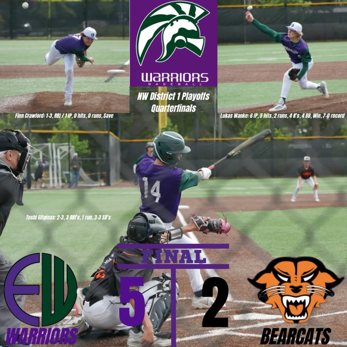 Your Warriors take care of business against Monroe 5-2 Saturday in the NW District 1 quarterfinals! Thanks for coming out to support the boys!