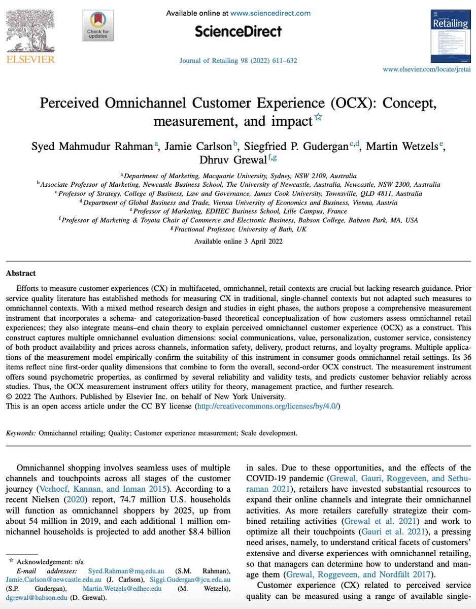jamie007carlson's tweet photo. Excited to see our 2022 @JRetailing article, "Perceived Omnichannel Customer Experience (OCX): Concept, measurement, and impact" co-authored with Syed Rahman @smr856 among the highest cited papers on the journal's website. 

@Uni_Newcastle #retail #customerexperience #Marketing https://t.co/3VfkAsmwWg