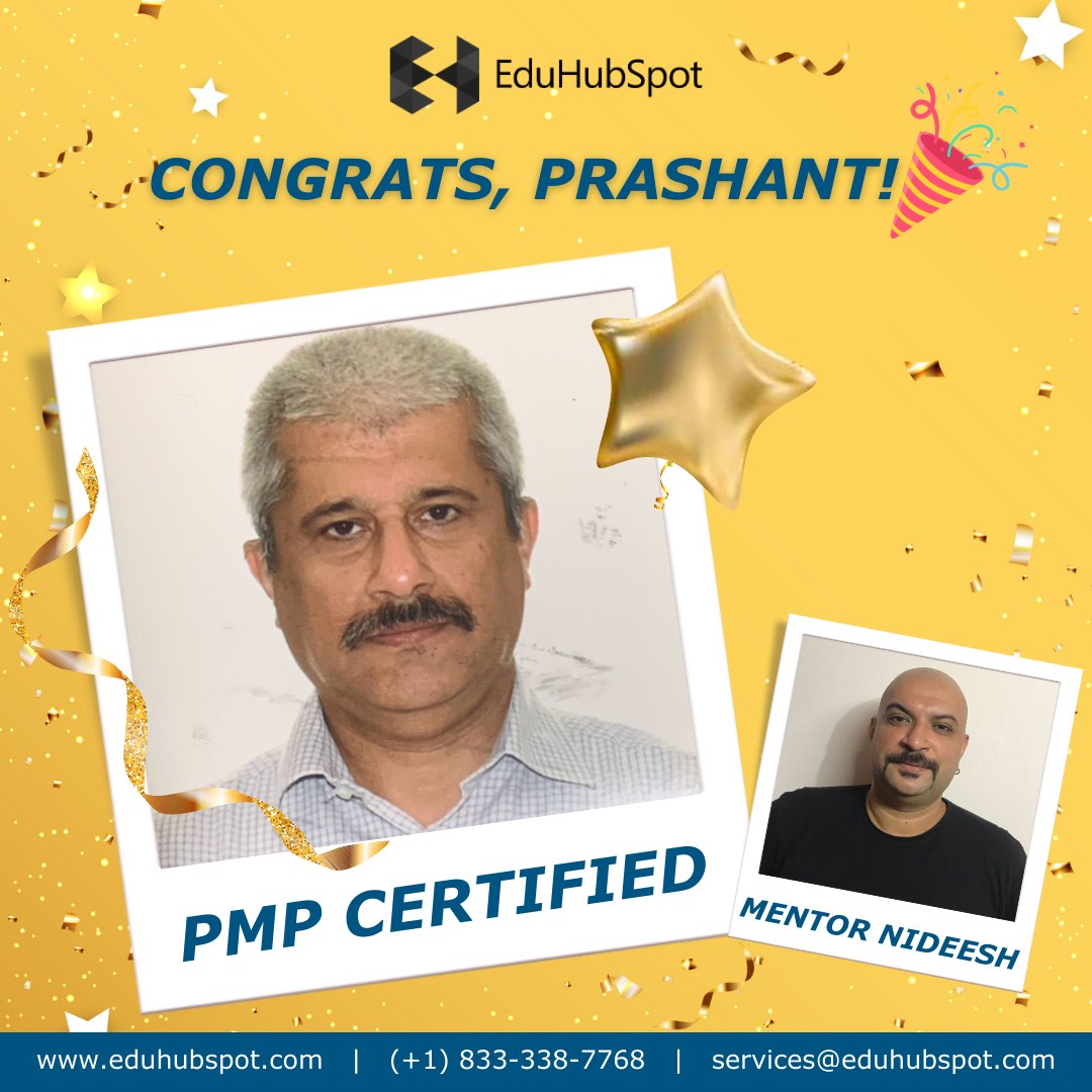 eduhubspot's tweet image. #SpotYourSuccess 🏆
 Congratulations on achieving your PMP Certification, Prashant Dhingra! You have shown tremendous dedication and hard work to obtain this certification and we are so proud.
 
 Mentored by : Nideesh Balakrishnan
 
 eduhubspot.com

#eduhubspot
