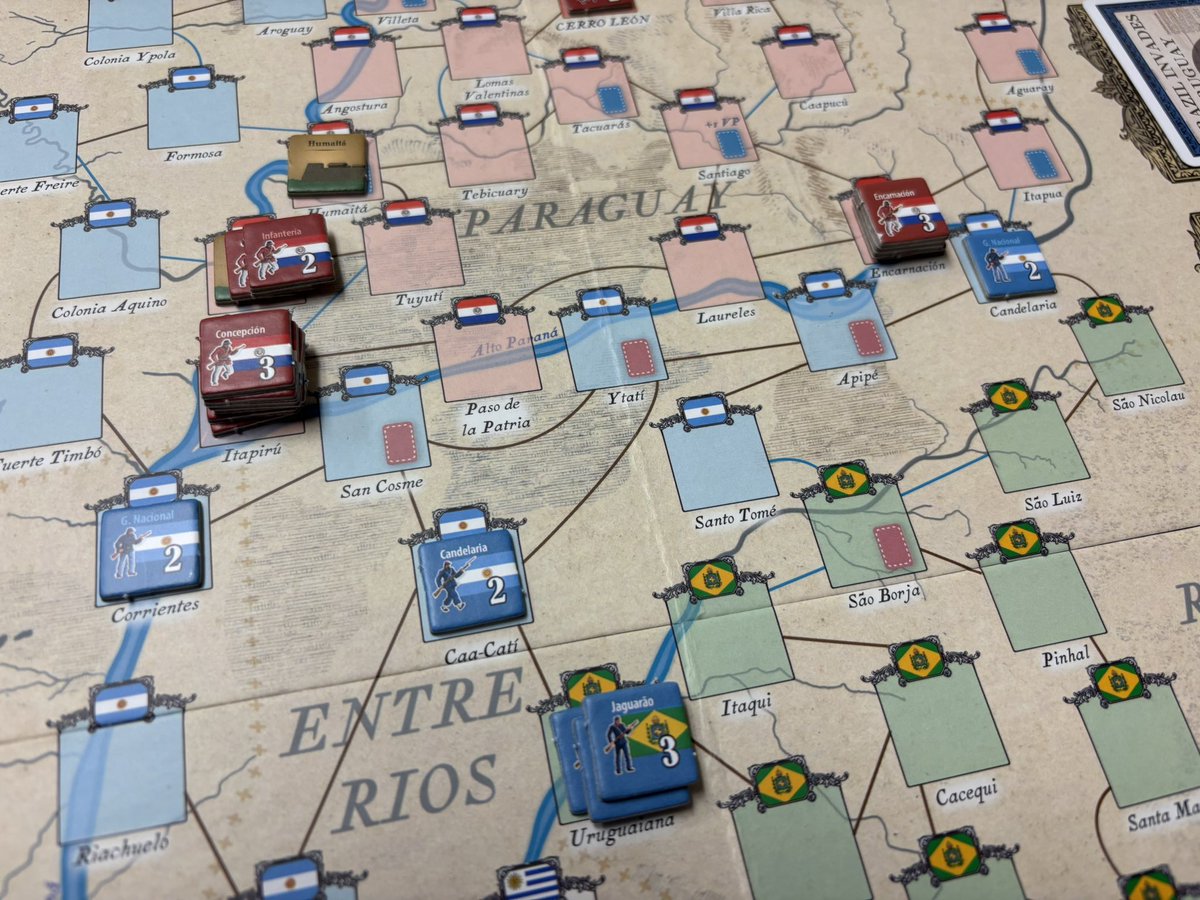 “Viva Solano Lopez! Gloria a Paraguay!”

A session with a very simple wargame about a unique historical event, the “War of the Triple Alliance.” This game of the same name is published by NAC of Spain and is a point-to-point card driven game with a delightfully small rulebook and