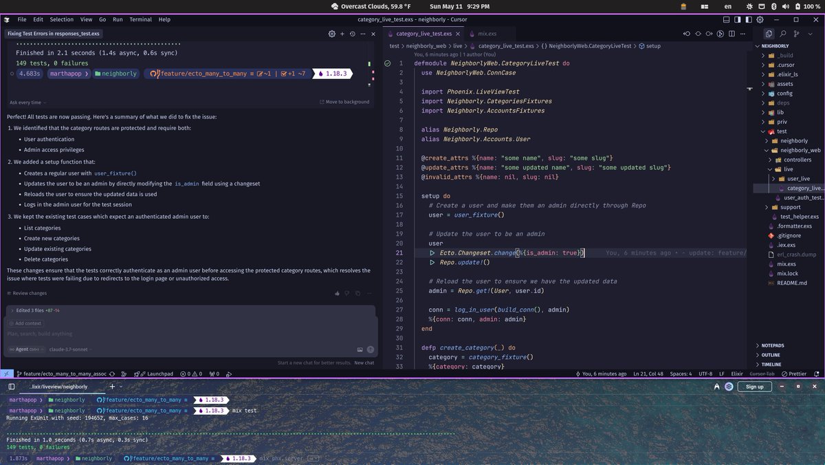 MmmarRTHa's tweet image. Using #tidewave with #Elixir #Phoenix Apps + Cursor + Claude + TDD = OMG! 🤯✨💜 Thank you so much @josevalim and all Tidewave contributors! 🫶 #elixirlang #myelixirstatus