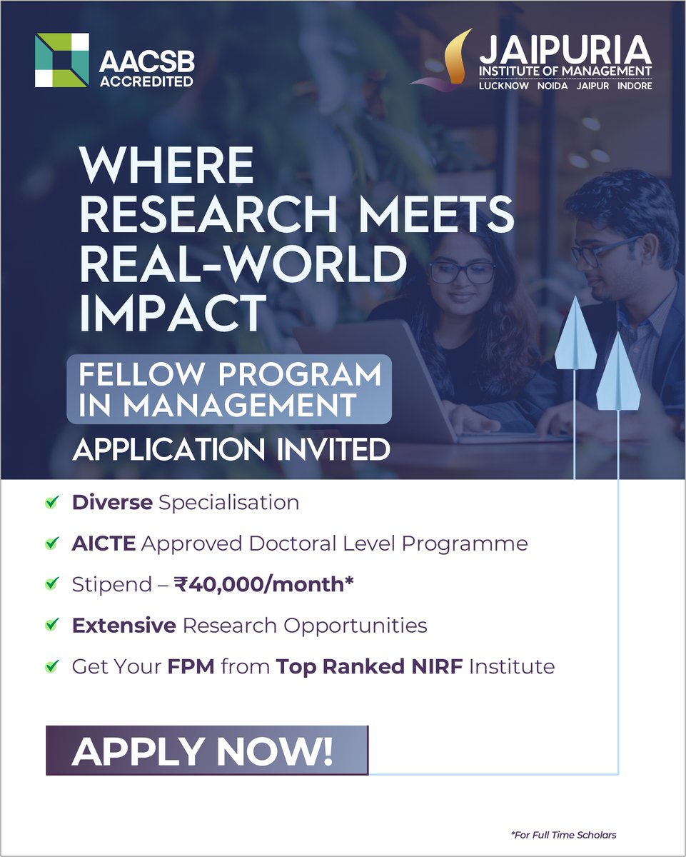 Turn curiosity into contribution.
Shape the future with research that matters.
📌 Last date: 31 May 2025
🔗 jaipuria.ac.in/fellow-program…

#PhDCareer #JaipuriaFPM #HigherEd #ManagementResearch #ApplyNow