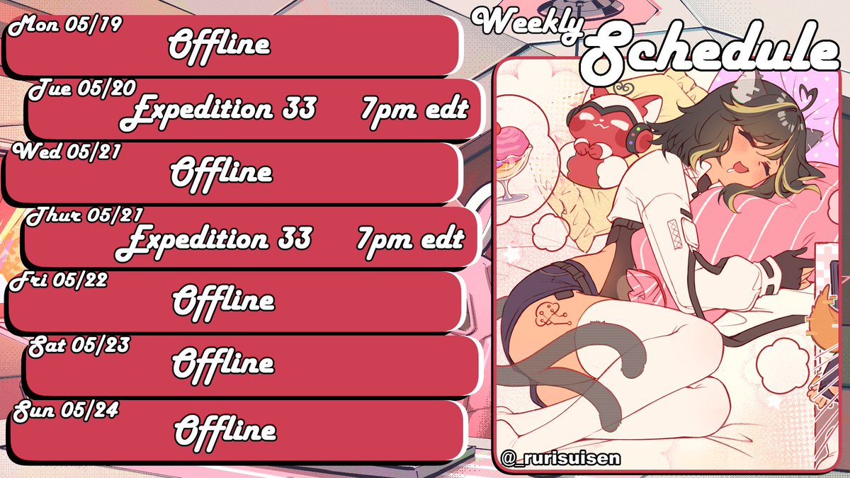 MayChanVT's tweet photo. Dropping the Weekly Schedule @ 12AM 🤡

Outside of my Birthday/Debut this month is quite busy for me! Lots of out of town, family visiting and what not, but I am back to streaming more regularly again! Starting off with some Expedition 33 streams! See you there Byteches! 😘 https://t.co/YaRMJxAwxt