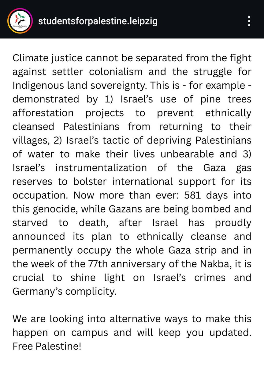 jamesholdenOG's tweet image. Die antisemitische pro-Hamas-Gruppe &quot;Students for #Palestine #Leipzig&quot; wurde aus dem Programm der Public Climate Week an der Uni Leipzig geworfen.

Die Gruppe wirbt seit 2023 für Terrororganisationen wie Hizbollah &amp;amp; Houthis.

Mehr Infos zur Gruppe in den Links in den Drukos.