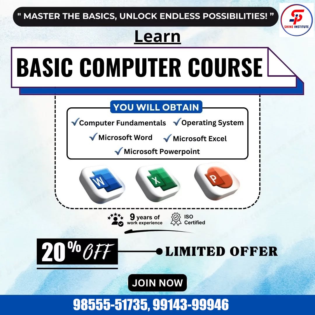 SHINEINSTITUTEP's tweet image. 💻 Start your digital journey with our Basic Computer Course!
🖱️ Learn MS Office, Internet, Email &amp;amp; more from scratch.
🎯 Perfect for beginners, students, and job seekers!

📲Call for more information- 98555- 51735

#basiccomputercourse #learncomputerskills #digitalskills