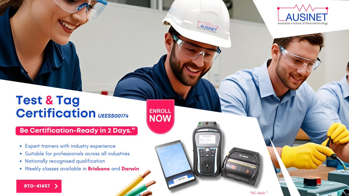 AusinetInstro's tweet photo. 📌 Get Test &amp; Tag Certified with AUSINET!
🔰Join our nationally recognised UEESS00174 – Electrical Test and Tag Course.
✅ Weekly classes in Brisbane and Darwin
📞 0421 677 541 | 📧 support@ausinet.com.au
RTO Code: 41457 https://t.co/JnyQ5ztQDN