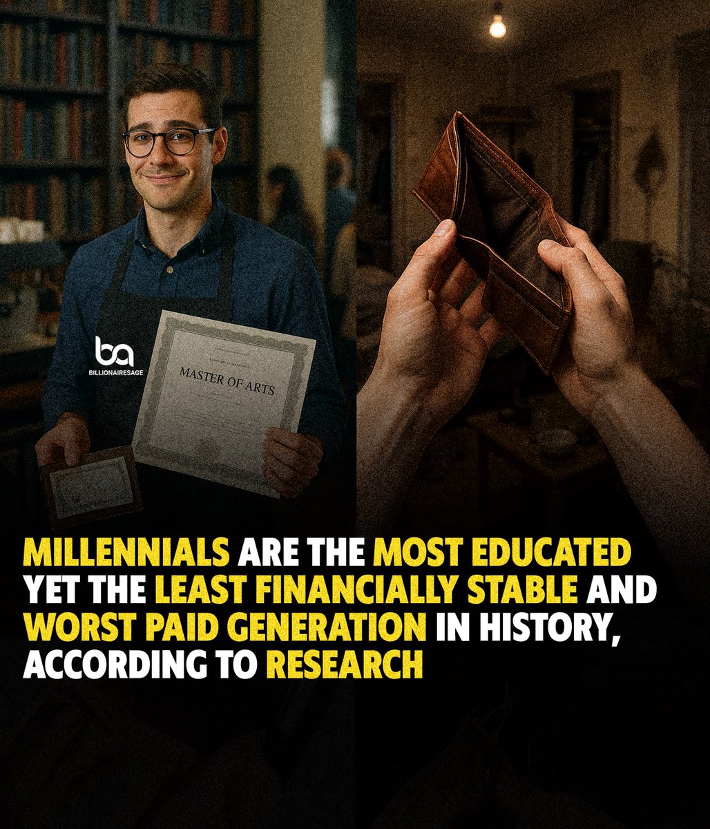 Billionairesage's tweet photo. Millennials are the most educated generation in U.S. history, nearly 40% have a bachelor’s degree. But despite all that schooling, they’re struggling financially. https://t.co/2IpNdMkszb