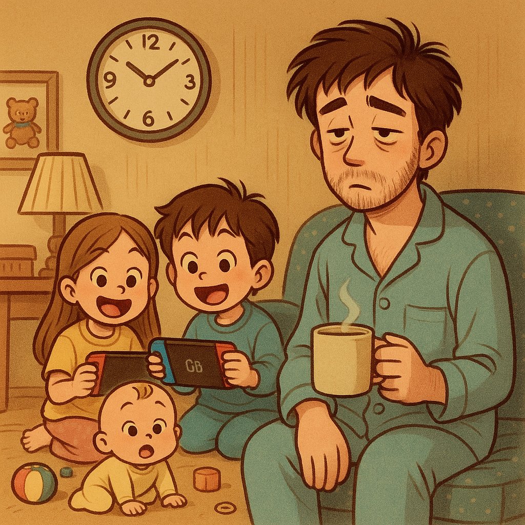 ikukyu_papi's tweet image. 【我が家の早朝ルーティン】

5時からスイッチ起動してる7歳＆4歳
→ バトルの音で0歳も起床
→ 父、すでに1日が終わった顔（朝6時）

お昼寝が義務化されていい国に住みたい。

#育休パピー #育児は体力勝負 #朝から全力 #父だけ昼寝不可避
#Switchより強い目覚ましなし