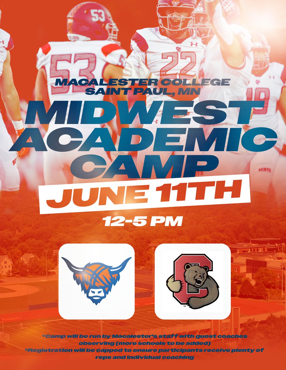 Macalester Football (@macalesterfb) on Twitter photo Excited to host <a href="/CoachJDittman58/">Jeff Dittman</a> of Cornell University and bring Ivy League exposure to the Twin Cities! <a href="/BigRed_Football/">Cornell Football</a> <a href="/DanSwanstrom/">Dan Swanstrom</a>
Registration is capped so sign up soon. #OneBlood
macfootballcamps.com/midwest-academ… Excited to host <a href="/CoachJDittman58/">Jeff Dittman</a> of Cornell University and bring Ivy League exposure to the Twin Cities! <a href="/BigRed_Football/">Cornell Football</a> <a href="/DanSwanstrom/">Dan Swanstrom</a>
Registration is capped so sign up soon. #OneBlood
macfootballcamps.com/midwest-academ…